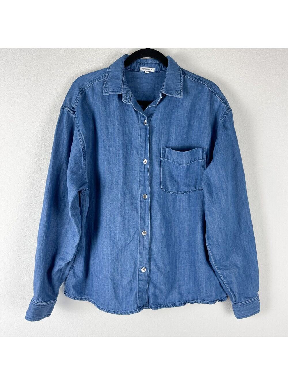 WeWoreWhat Top Womens XS Small Blue Linenโ Cotton Long Sleeve Button Up Preppy